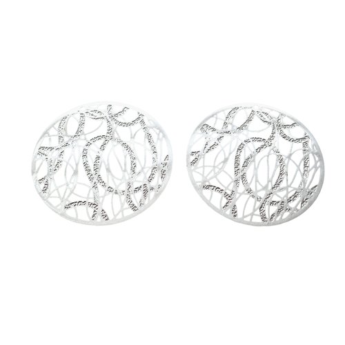 2 grandes estampes rondes filigranées texture pailleté 38mm en laiton argenté - pendentif rond filigrané argent (8sef123)