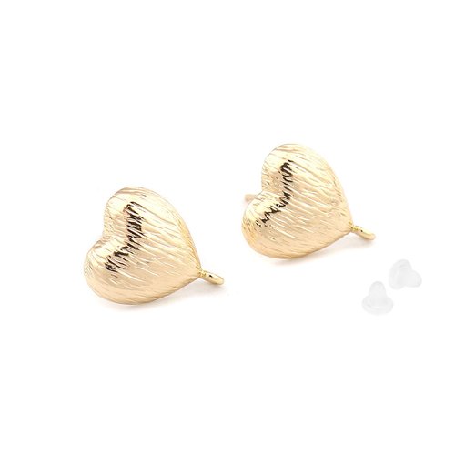 1 paire boucles d'oreilles puce coeur strié - 1 boucle - 16x13mm laiton plaqué or 18k - clous d'oreilles coeur doré (8sbo153)