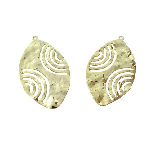2 pendentifs forme feuille martelée 50x28mm en alliage de zinc doré (8sbd412)