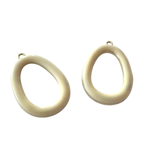 2 pendentifs ovales 38x26mm doré et émail beige - alliage de zinc (8sbd416)
