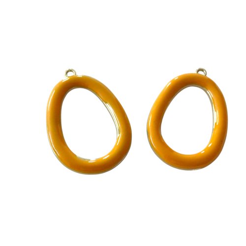 2 pendentifs ovales 38x26mm doré et émail jaune moutarde - alliage de zinc (8sbd417)