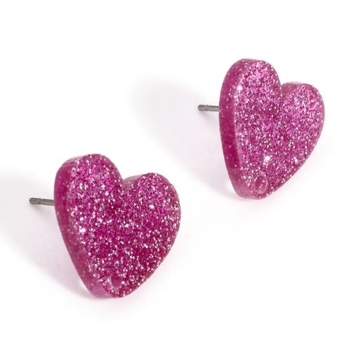 1 paire boucles d'oreilles coeur en acrylique 16x14mm rose pailleté - clous d'oreilles coeur rose à paillettes (8sbo139)