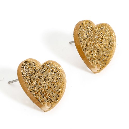 1 paire boucles d'oreilles coeur en acrylique 18x16mm champagne pailleté - clous d'oreilles coeur doré à paillettes (8sbo140)