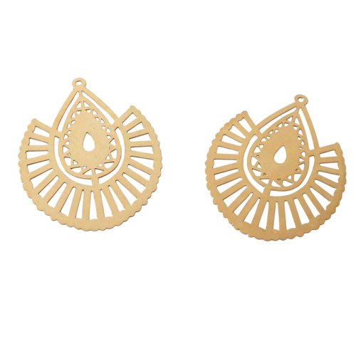 2 estampes filigranées goutte ethnique 40x30mm en alliage de fer doré - pendentifs goutte ethnique or (8sef128)