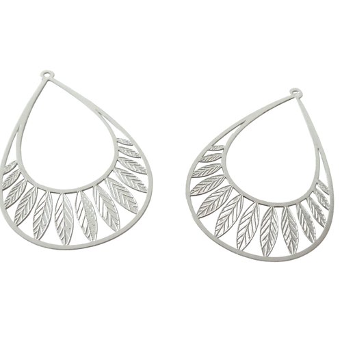 2 estampes filigranées goutte motif feuilles 54x35mm en alliage de fer argenté - pendentif goutte avec feuilles argent (8sef133)