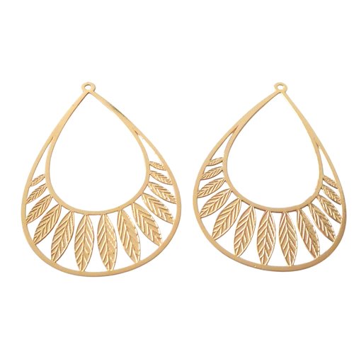 2 estampes filigranées goutte motif feuilles 54x35mm en alliage de fer doré - pendentif goutte avec feuilles or (8sef134)