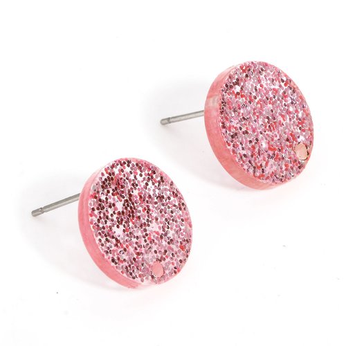 1 paire de boucles d'oreilles rond 14mm en acrylique rose pailleté - clous d'oreilles ronds rose (8sbo145)