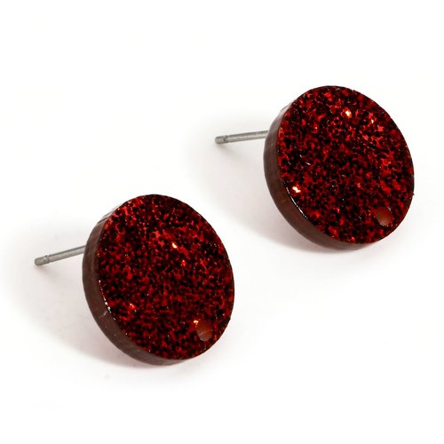 1 paire de boucles d'oreilles rond 14mm en acrylique bordeaux pailleté - clous d'oreilles ronds rouge foncé (8sbo147)