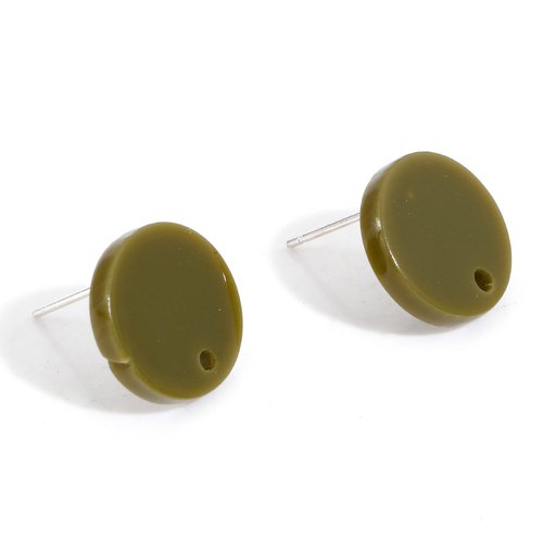 1 paire de boucles d'oreilles rond 14mm en acrylique vert kaki - clous d'oreilles ronds kaki (8sbo149)