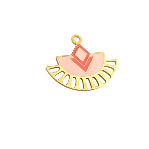 Pendentif chandelier eventail 24.5 x 17.5mm acier inox 304 plaquage ionique 24k - émaillé rose - connecteur acier doré 24k (phpid08)