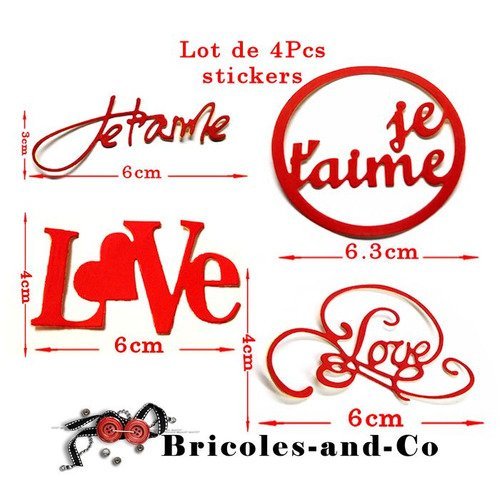 Saint valentin  stickers découpes lot de 4 designs différents. couleur rouge taille 6cm environ  n°800