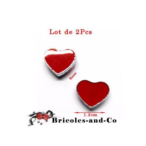 Perle cœur glissière rouge  taille 1.2cm et intérieur trou pour ruban 8mm. en lot de 2pcs  n°813
