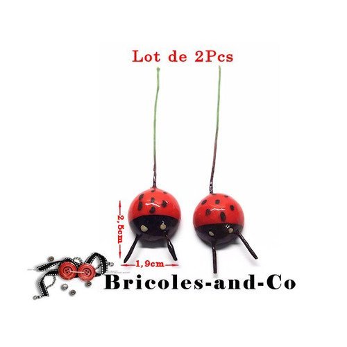 Coccinelle  tige rouge décoration  hauteur total 9,5cm coccinelle 2,5cmx 1,9cm . en lot de 2pcs  n°43