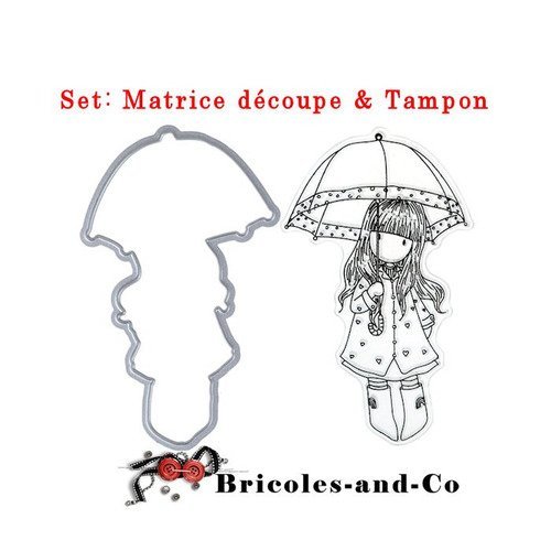 Set : matrice de découpe  thème fille parapluie et tampon (2pcs). n°5020