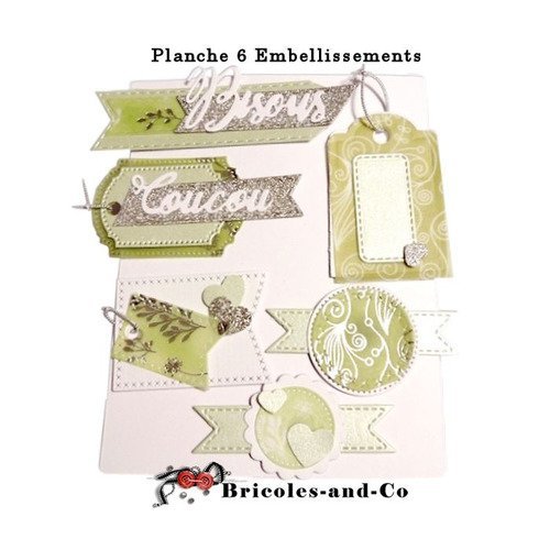 Embellissements vert 6pcs .lots décorations étiquettes papier, velum  papier paillette. n°5000