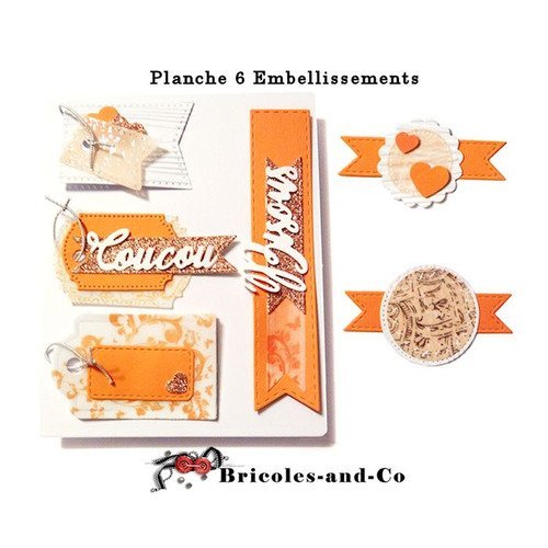 Embellissements orange 6pcs .lots décorations étiquettes papier, velum  papier paillette. n°5000