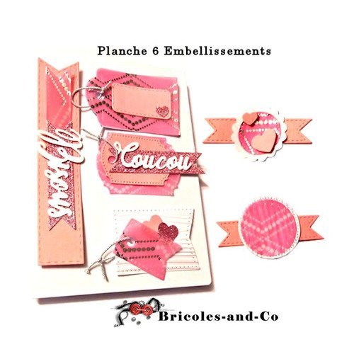 Embellissements rose 6pcs .lots décorations étiquettes papier, velum  papier paillette. n°5000