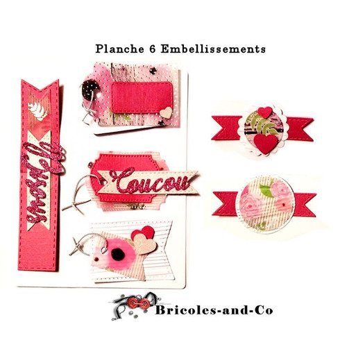 Embellissements rose foncé  6pcs .lots décorations étiquettes papier, velum  papier paillette. n°5000