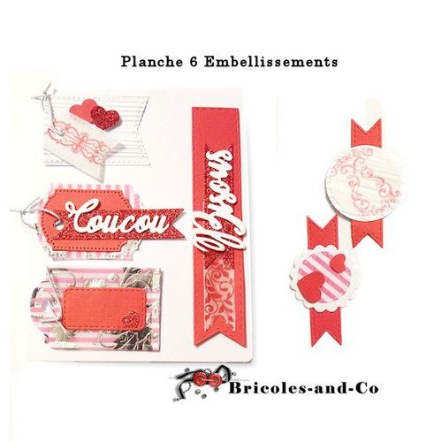 Embellissements rouge  6pcs .lots décorations étiquettes papier, velum  papier paillette. n°5000