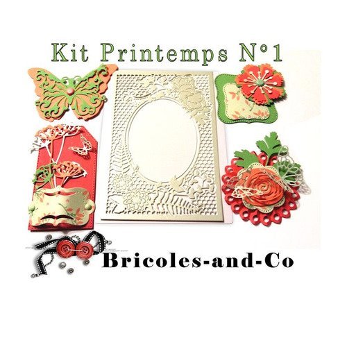 Kit embellissement printemps n°1 vert orange. lots décorations étiquettes rosette, papillon, fleur fonds, en papier. n°5000