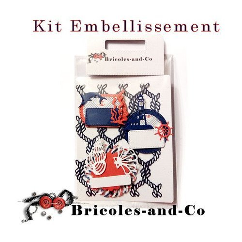 Kit embellissement mer n°1 bleu rouge. lots décorations étiquettes, rosette, déco marin, fond cordage, cadre blanc, en papier. n°5000