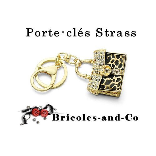 Porte-clés femme sac léopard, accessoire mousqueton doré, strass bijoux  .modèle n°1 avec son côté blanc émail. n°962 - Un grand marché