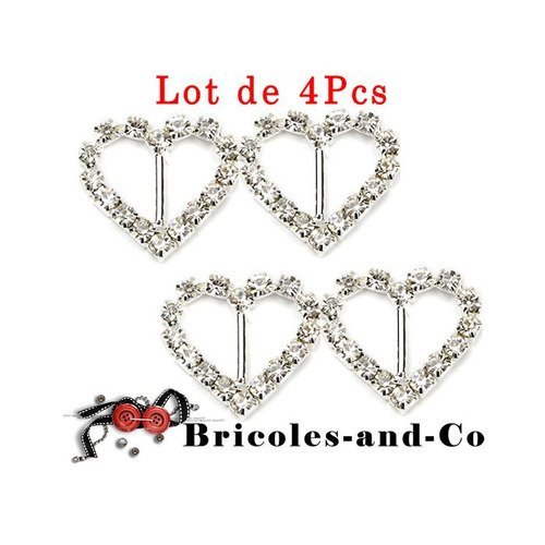 Boucle cœur strass, modèle b, 2 cm, passe ruban, accessoire argenté, strass bijoux. lot de 4pcs n°444