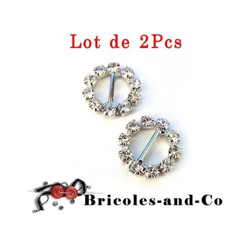 Boucle ronde strass, diamètre 17mm, passe ruban, accessoire argenté, strass bijoux. lot de 2pcs n°444