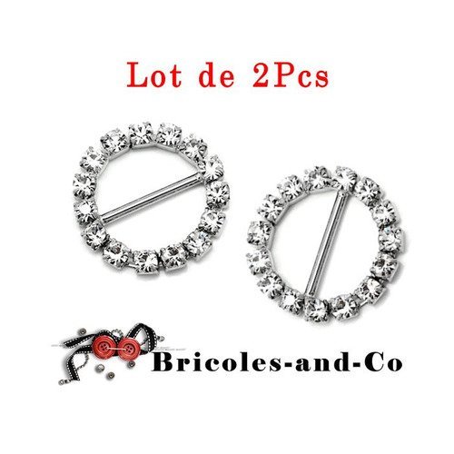 Boucle ronde strass, passe ruban, accessoire argenté, strass bijoux. lot de 2pcs n°444 diamètre 2,2cm