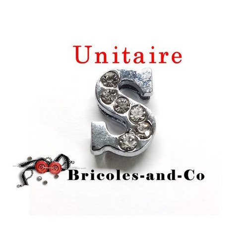 Perle lettre, s strass, demie, curseur perle, passe ruban, accessoire argenté, strass bijoux. 1,1cm unitaire  n°833