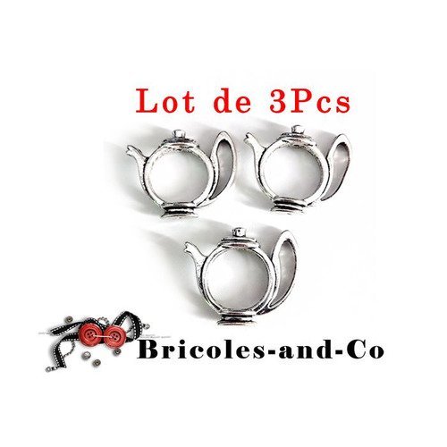 Perle théière, a  argenté, breloque, accessoire  bijoux, 23mm n°852.lot de 3pcs