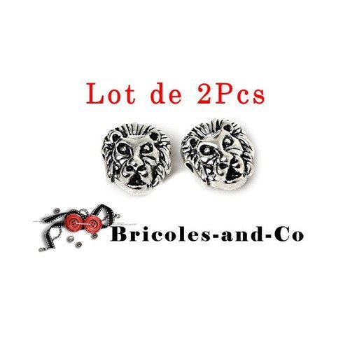 Perle lion, tête  animal, argenté, perle, breloque, accessoire, bijoux, 12mm. n°30.lot de 2pcs