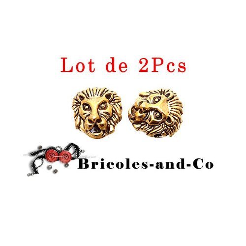 Perle lion, tête  animal, doré, perle, breloque, accessoire, bijoux, 12mm. n°30.lot de 2pcs