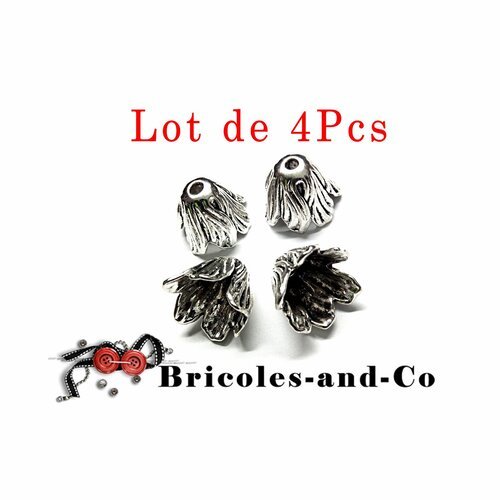 Perle, coupelle, fleur argenté f, perles calottes ,accessoire  bijoux  , breloque accessoire  , 20mm, n°854 .lot de 4pcs
