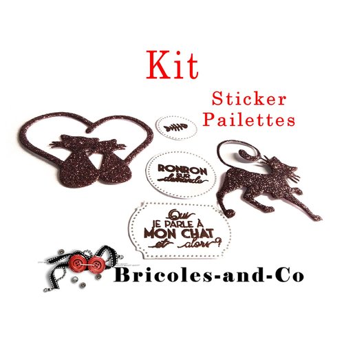 Découpe chat kit, 2 stickers chats, mousse  paillettes marron et 3 étiquettes. n°48 lot