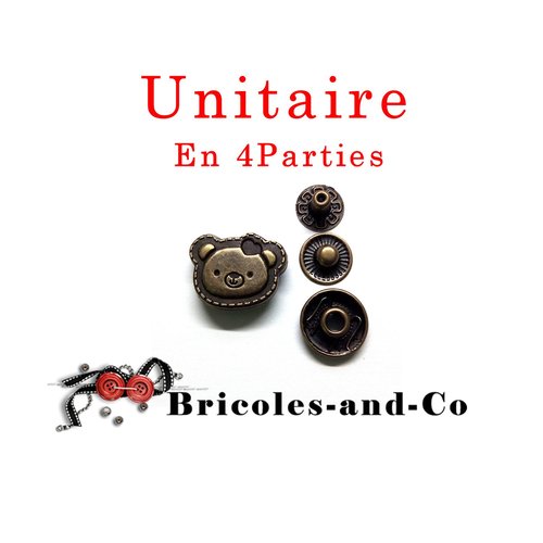 Rivet ourson, bronze, 1,5cm, bouton snap animal, bouton-pression tête ours, n°49.unitaire en 4 parties. 
