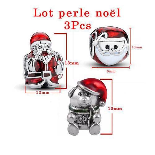 Noël perle lot 3pcs: père-noël modèle b , tête de père noël et ourson bonnet . couleur  argenté antique et rouge. n°603