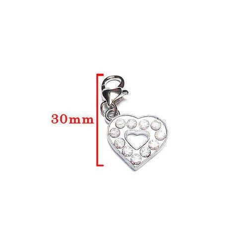 Clip strass forme cœur et fermoir homard cœur, ton argenté taille environ 30mm. unitaire n°808 