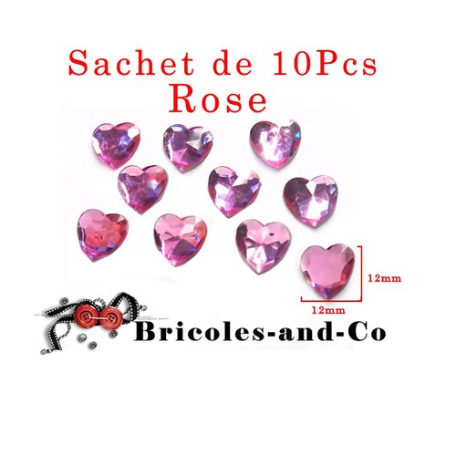 Cœur cabochon résine rose taille 12x12mm. lot 10 piéces. décoration de mariage. n°801