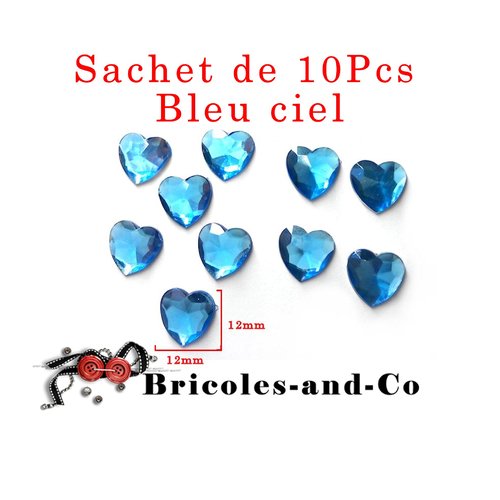 Cœur cabochon résine bleu ciel taille 12x12mm. lot 10 piéces. décoration de mariage. n°801