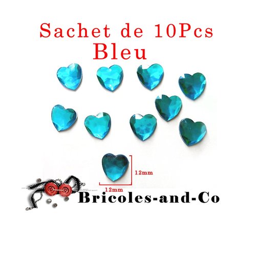 Cœur cabochon résine bleu taille 12x12mm. lot 10 piéces. décoration de mariage. n°801