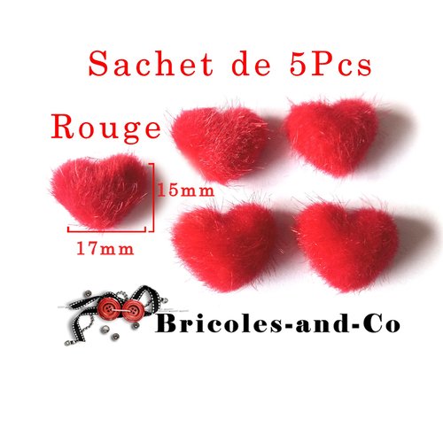 Cœur peluche rouge de 15x17mm .embellissement scrapbooking. lot 5 piéces. n°803