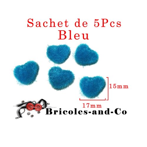 Cœur peluche bleu de 15x17mm .embellissement scrapbooking. lot 5piéces .n°803