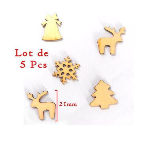 Noël ornement bois : 2 rennes, 1 flocon, 1 cloche et 1 sapin en bois .petits designs de 2 cm . lot de 5 pcs n°600