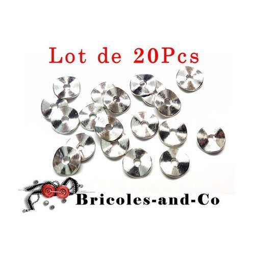 Perle plate, rondelle tortueuse, entretoises de perle, argentée. par lot de 20 pièces. 9 mm de diamètre n°851