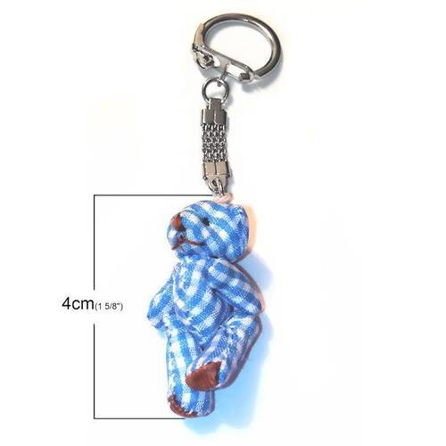Ourson mini vichy bleu 4cm sur porte-clé argenté .unitaire. n°2050 