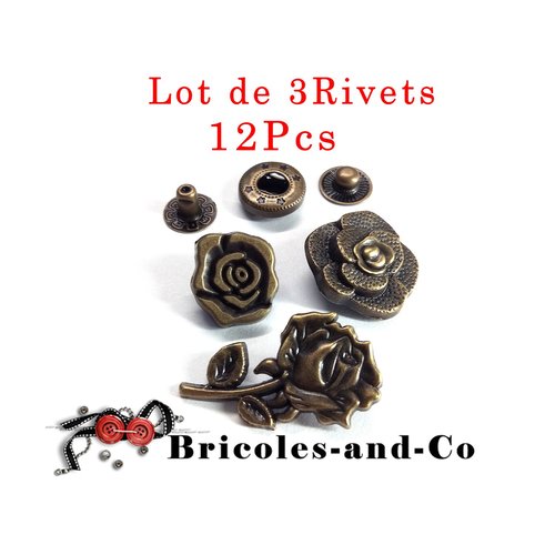 Rivet fleur, rose, bronze, bouton snap fleur, bouton-pression rose, n°1000. lot de 3 rivets en 12pcs. 