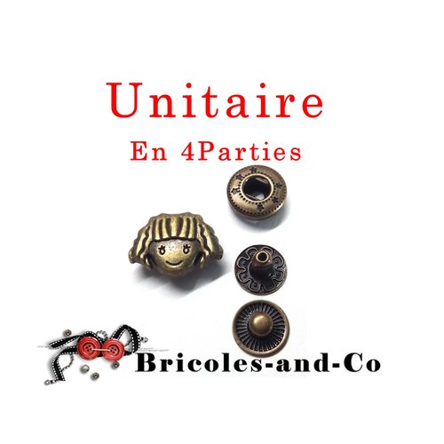 Rivet fille frisée , bronze, 1.8cm, bouton snap, bouton-pression style fillette  n°16 .unitaire en 4 parties.
