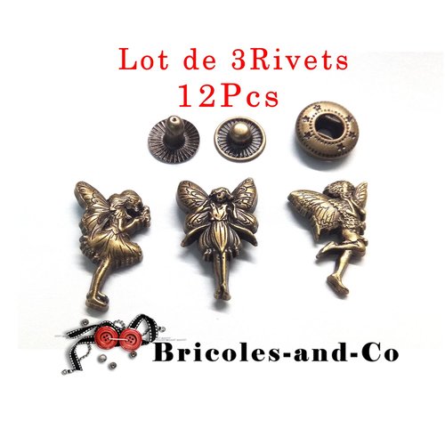 Rivet fée, lot de 3 boutons snap, bronze, 2.2cm, bouton-pression fée  n°15. lot de 3 rivets en 12pcs. 