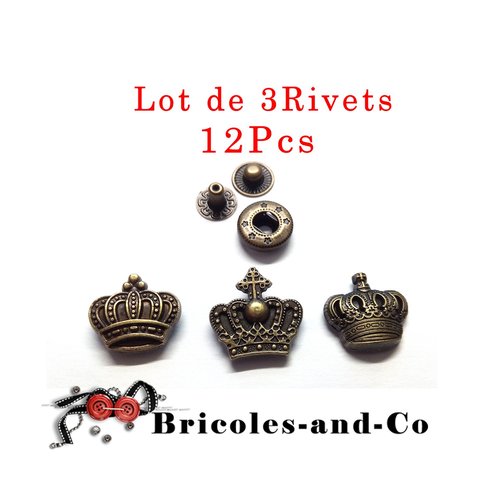 Rivet couronne, lot de 3 boutons snap, bronze, 1.8cm, bouton-pression couronne  n°77. lot de 3 rivets en 12pcs. 